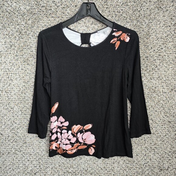 Daniel Rainn Top Womens PS Petite Small Black Floral‎ Print 3/4 Sleeve Casual - Picture 1 of 7